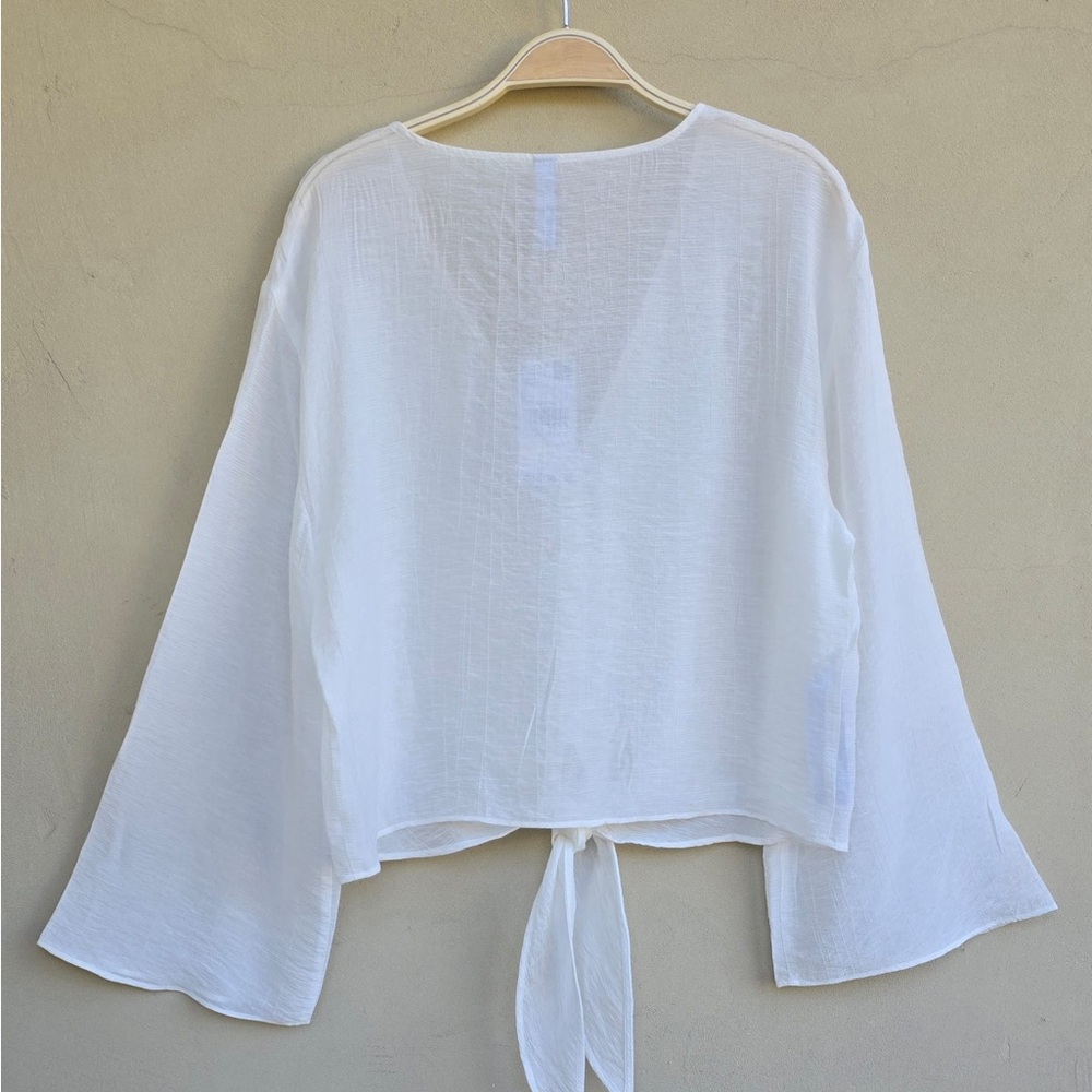 Mango White Tie Front Flared Sleeve Blouse Long Sleeve Boho Chic NWT Sz M #135 - Picture 13 of 14